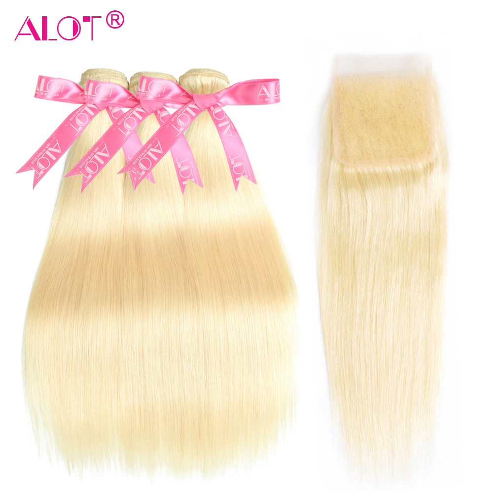 

613 Blonde 3 Bundles With Closure Brazilian Straight Double Weft 613 Human Hair Weave Bundles With HD Lace Closure Remy 4 Pcs CX200612, #613