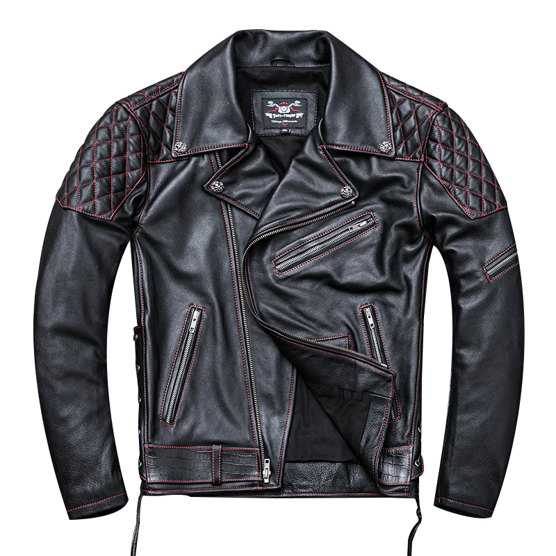

2020 Black Men Diagonal Zipper Slim Fit Motorcycle Leather Jacket Plus Size XXXXL Genuine Cowhide Spring Biker' Leather Coat