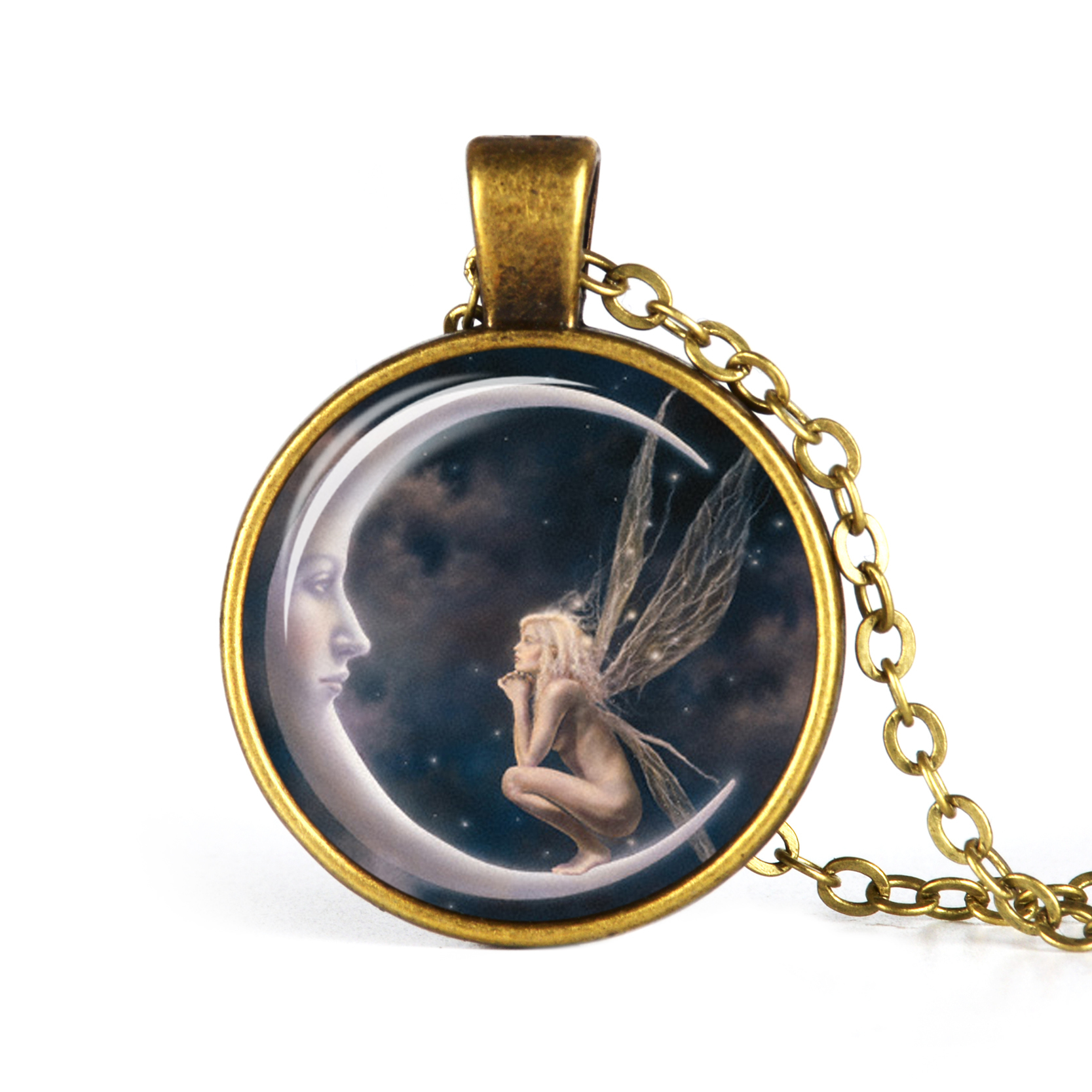 

Fairy In Moon Photo Necklace Angel On Moon Art Photo Glass Cabochon Pendant Necklace Fashion Jewelry Chain Necklace
