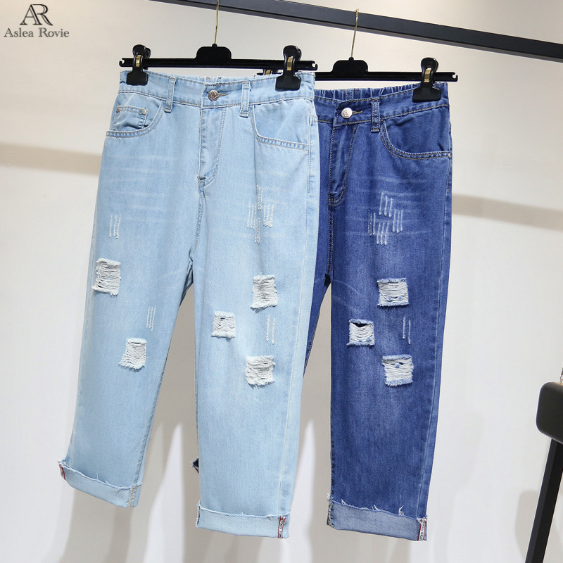 

Ripped Jeans For Women High Waist Plus Size Summer Softener Loose Calf-length Denim Harem Pants 5xl 4xl, Light blue calf