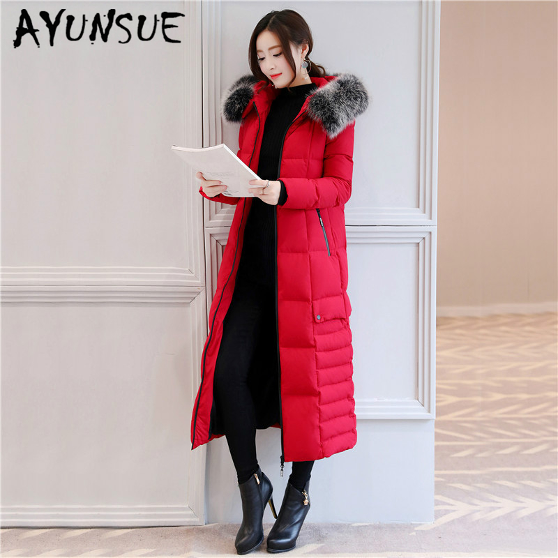 

AYUNSUE Winter Coat Female Fashion Thick Women's Down Jacket + Real Fur Collar Red Slim Long Warm Duck Donw Jackets 18190, Black