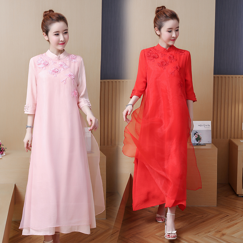 

Large Size Chinese Women Cheongsam Dress Spring Vintage Floral Maxi Red Dresses Loose A Line Elegant Party Dresses Female, Pink