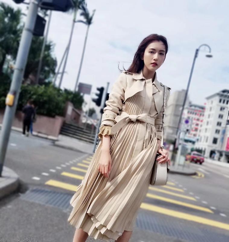Women Trench Spring / Summer 2020 Lapel Temperament British Style Lace-up Pleated Women's Trench Coat