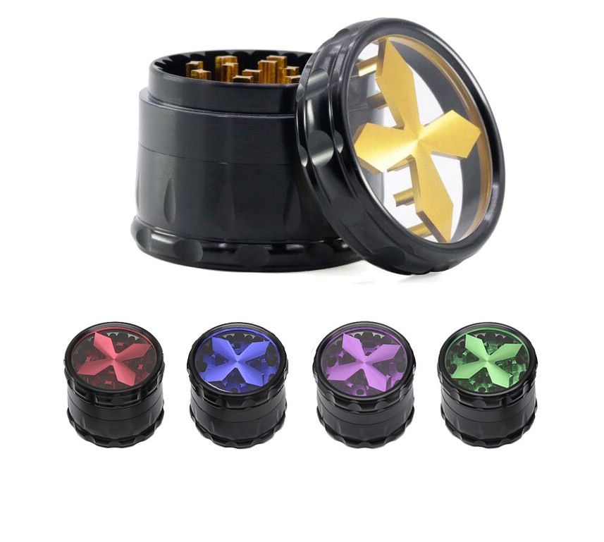 

The latest 63X51MM size transparent window cross-chamfer drum type smoke grinder aluminum alloy grinder, free shipping