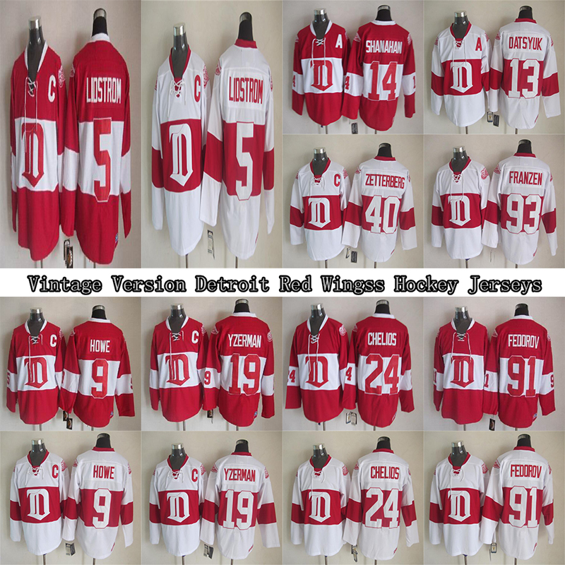 

Detroit Red Wings Vintage Jersey 5 Lidstrom 19 Fedorov 9 Gordie Howe 13 Pavel Datsyuk 40 ZETTERBERG CCM Hockey Jerseys, Black;red