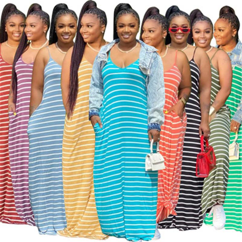 

Women Pocket Stripe Printing Dress Hot Designer Round Neck Fashion Summer Female Suspenders Sleeveless Loose Casual Long Skirt Clothing