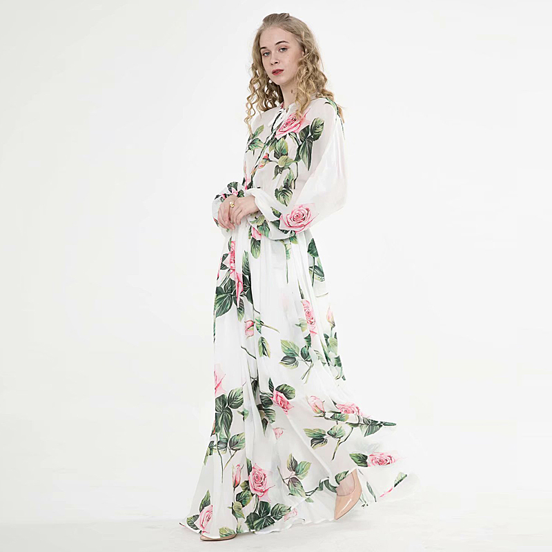 

Long Dress Runway High Quality Spring 2020 New Women' Boho Beach Fashion Party Sexy Vintage Elegant Chic Print Chiffon Dresses, Multi