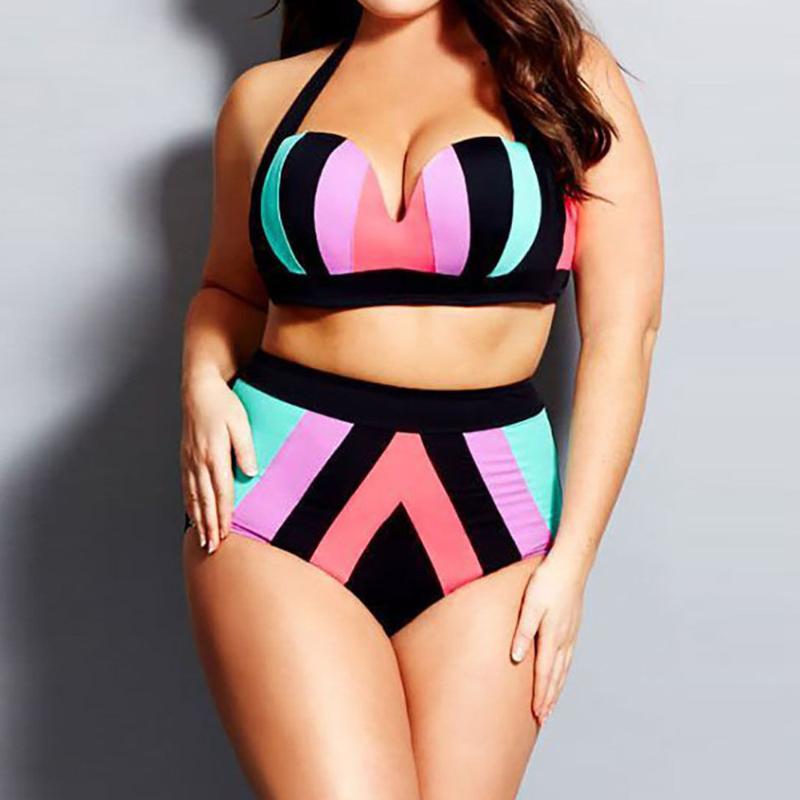 

Plus Size Push Up women swimsuit bikini set Large size rainbow color high waist lady swimming suit bath shower wear bikini *E
