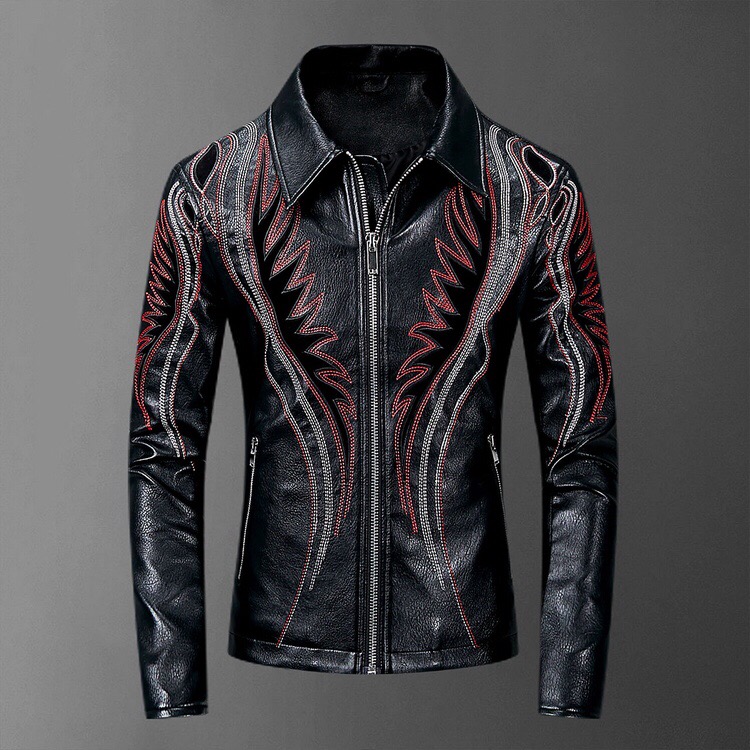 

2019 New Fashion Autumn Male Leather Jacket Flame diamond Black Mens Stand Collar Coats Leather Biker Jackets Motorcycle Leather Jacket, Black;brown