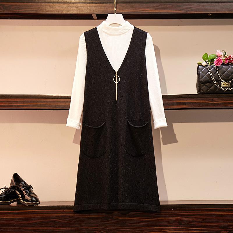 

5XL 2 piece set plus size women dress knee length knitted sweater dress office work big size winter two piece outfits, Zipper 2 piece set