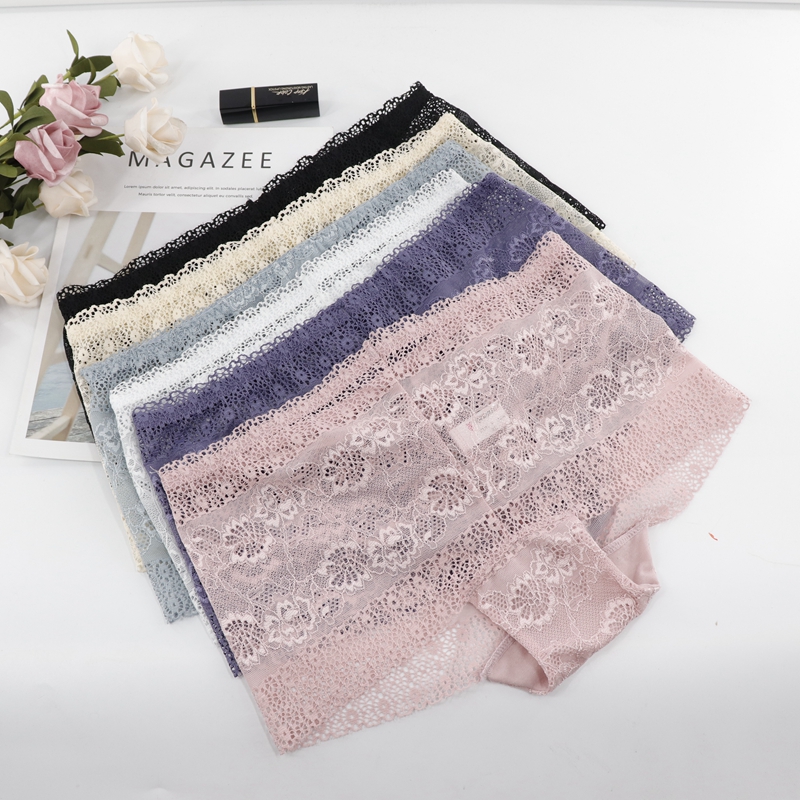 

PariFairy 2 Pieces/Pack Women Sexy Boyshort Female Underwear Hollow out Floral lace Panties Female Briefs Lady Lingerie  L XL, P01-black