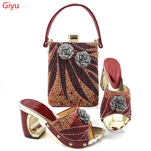 

New wine color Italian Shoes With Matching Bags African Women Shoes and Bags Set For Prom Party Summer Sandal! YU1-13, Gold