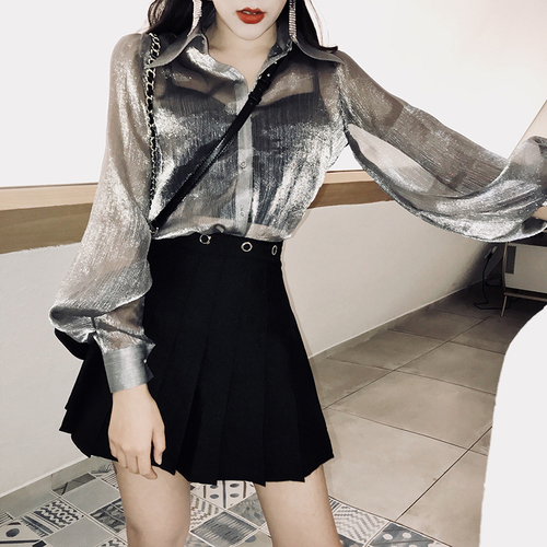 

2018 New Fashion Women Shirts Stylish Silver Chiffon Blouse Puff Lantern Sleeve High Quality Tops Camisas Mujer Chemises Femme, Silver grey