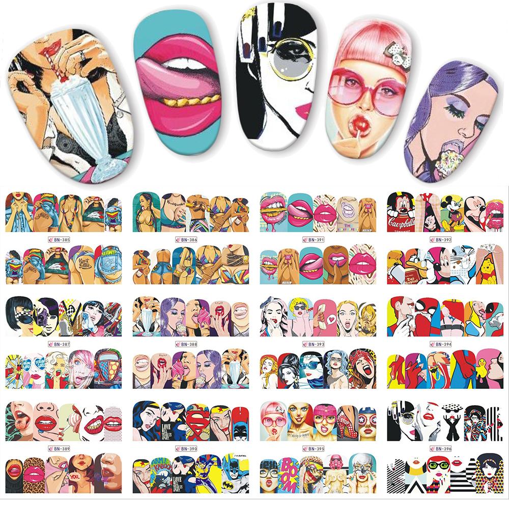 

12pcs/set Pop Art Designs Decal DIY Water Transfer Nail Art Sticker Cool Girl Lips Decorations Full Wraps Nails JIBN385-396, Multi