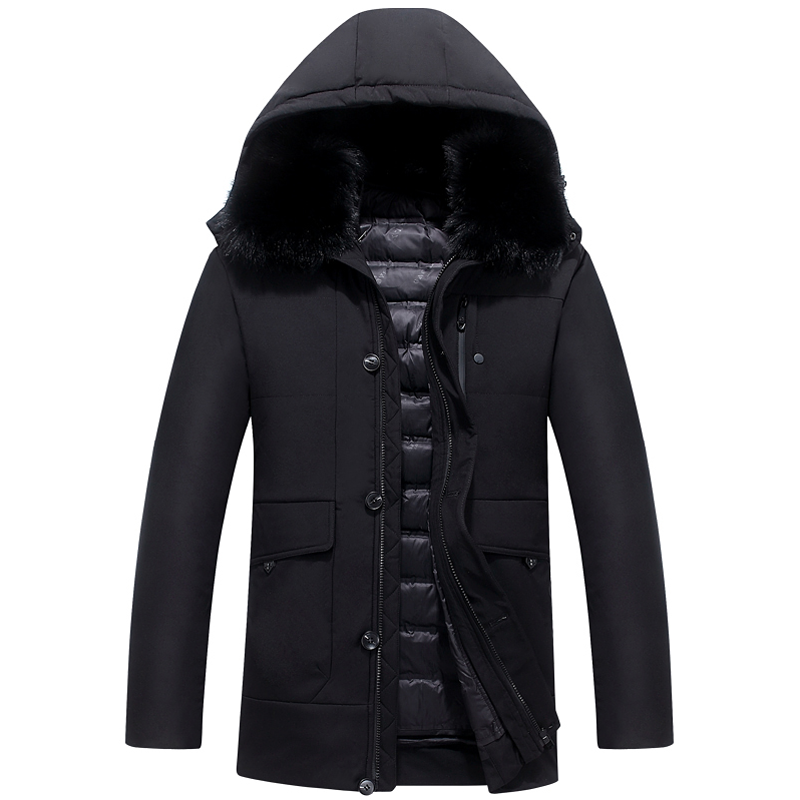 

2019 new winter jacket men's warm fashion fur collar coat long men's thick coat, Black