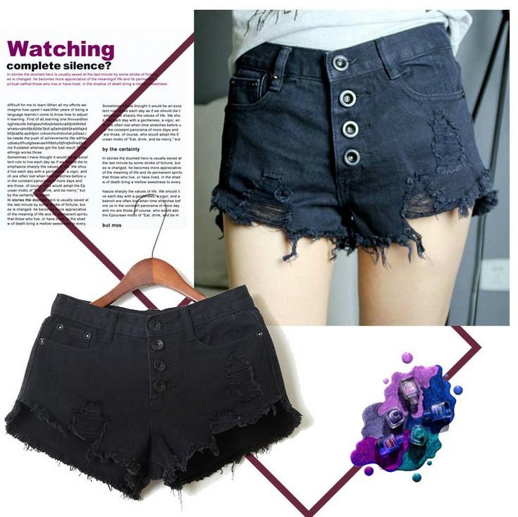 

Fast Shipping Women Punk Rock Fashion Street Vintage Grunge Ripped Hole Water Wash Retro High Waist Sexy Denim Shorts Jeans, Black