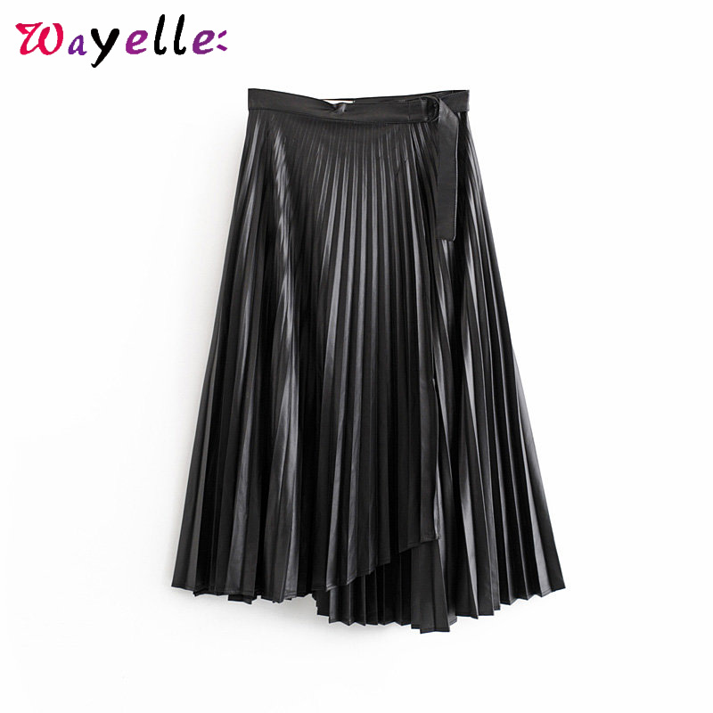 

PU Leather Pleated Skirt Winter Belt Design Irregular Hem Midi Skirt Basic Black Pleated Women Elegant PU Leather Skirts