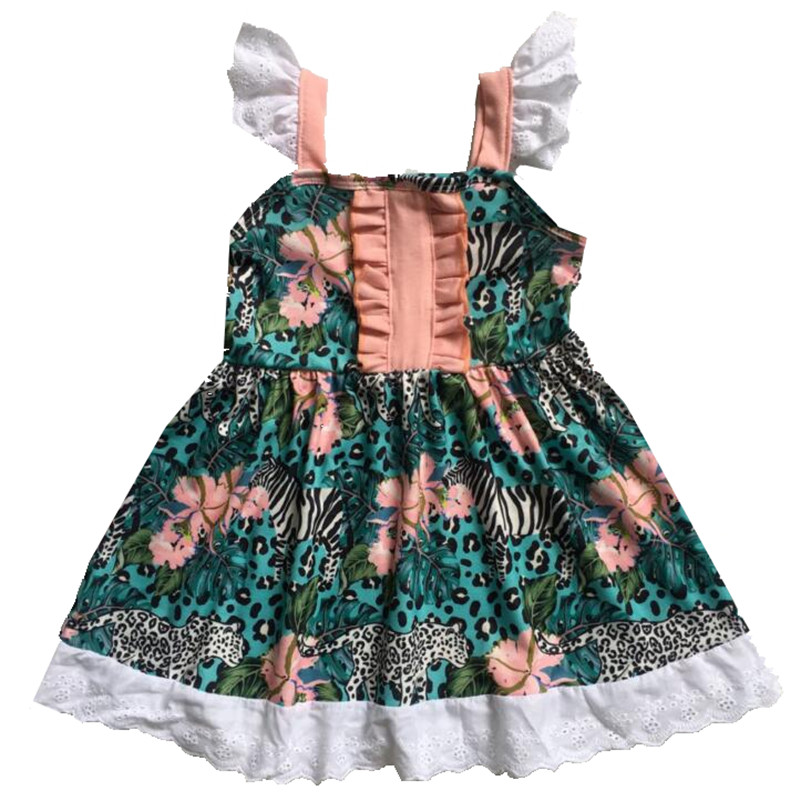 

Baby Girls Summer Dress Leopard Flower Print Pattern Lace Patchwork Girls Dress Boutique Sleeveless Children Clothes Baby, As picture