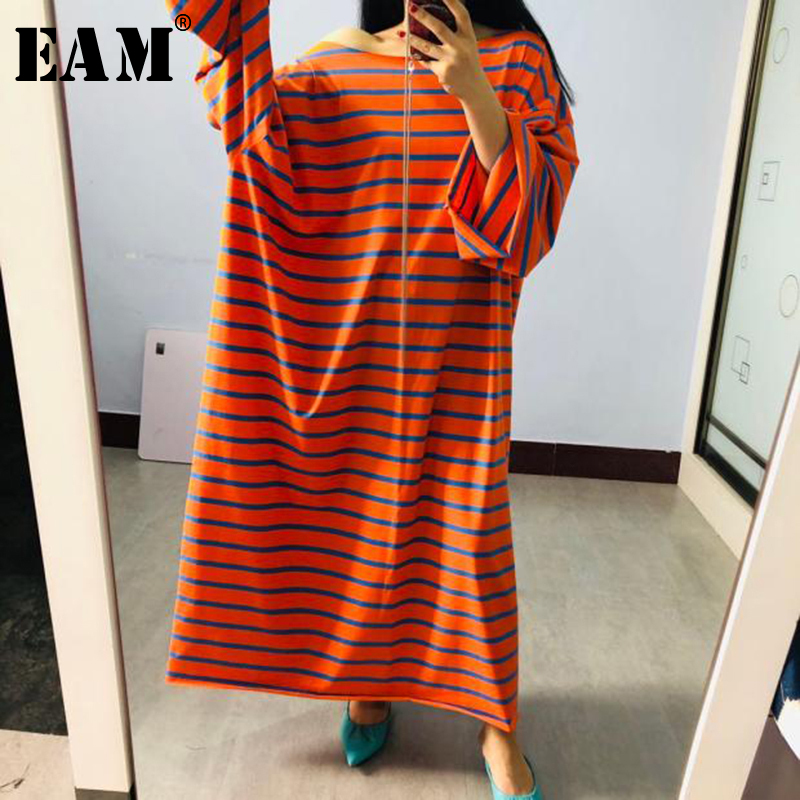 

EAM] Women Striped Orange Big Size Long Dress New Slash Neck Long Sleeve Loose Fit Fashion Tide Spring Summer 2020 1X4441