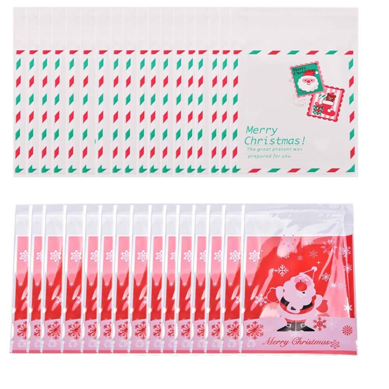 

200pcs Self Adhesive Merry Christmas Plastic Cookie Candy Cellophane Xmas Gift Package Sweets Bags(White and Red