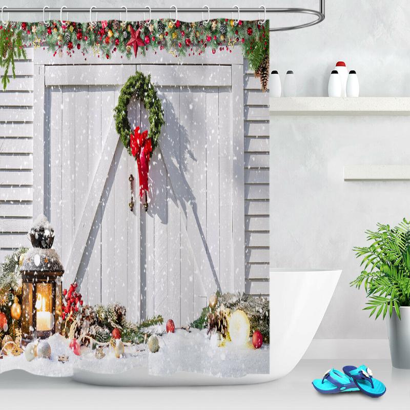

Fabric Shower Curtain Set Rustic Wood Board Door Xmas Wreath Bathroom Decor