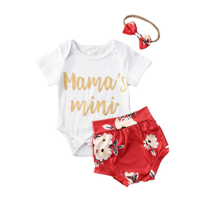 

3PCS Newborn Baby Girl Cotton Ruffled Short Sleeve O-neck Letter Print Bodysuit Tops+Floral Shorts Baby Girls Cotton Casual Sets, As pic