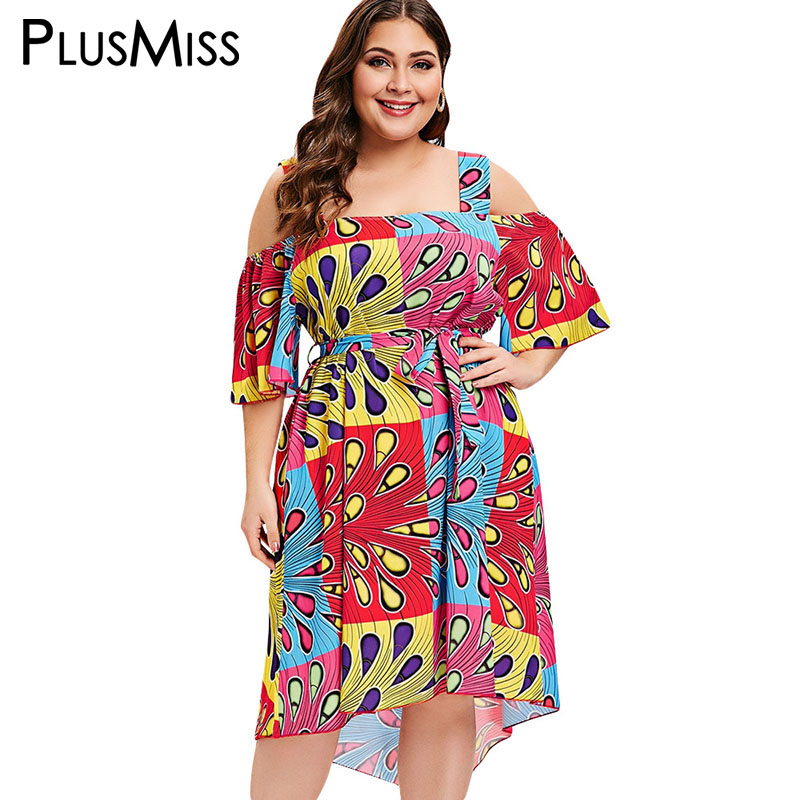 

PlusMiss Plus Size 5XL Cold Shoulder Peacock Feather Printed Loose Dress Women XXXXL XXXL Summer Boho Midi Dresses Big Sundress, As pic