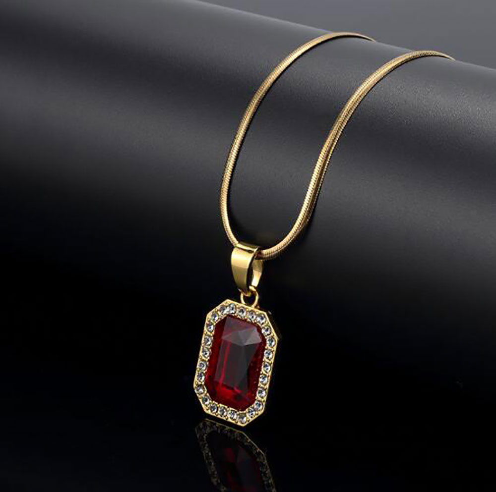 

Red Lab Ruby Rectangle GEM Pendant Bling Simulated Diamonds Ruby Jewelry 18K Yellow Gold Plated Necklace Snake Bone chain