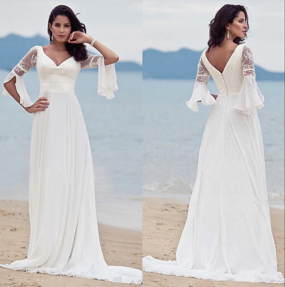

2020 New Chiffon Summer Beach Wedding Dresses Sexy V-neck A-Line Long Sleeves Lace Backless Beaded Sweep Train Bridal Gowns robes de mariée, White