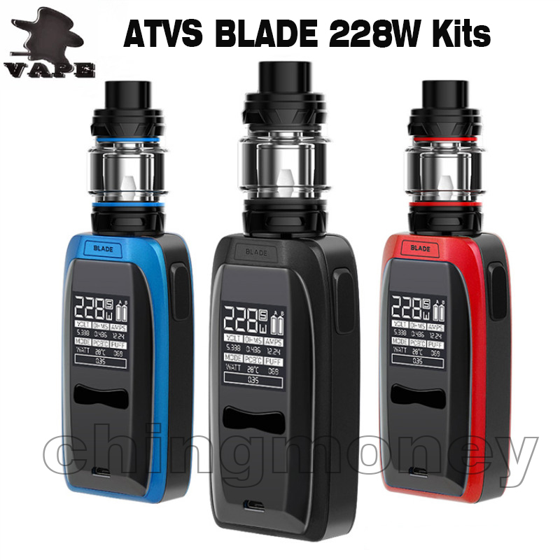

100%Original ATVS Blade Vape Mod Starter Kit 0.96 inch OLED Big Screen 228W Dual 18650 Battery 5ml Subohm Atomizer E Cigarettes DHL free