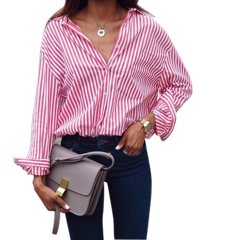 

Women Striped Long Sleeve Turn-Down Collar Loose Shirt Ladies Autumn Casual Tops Shirt Pink