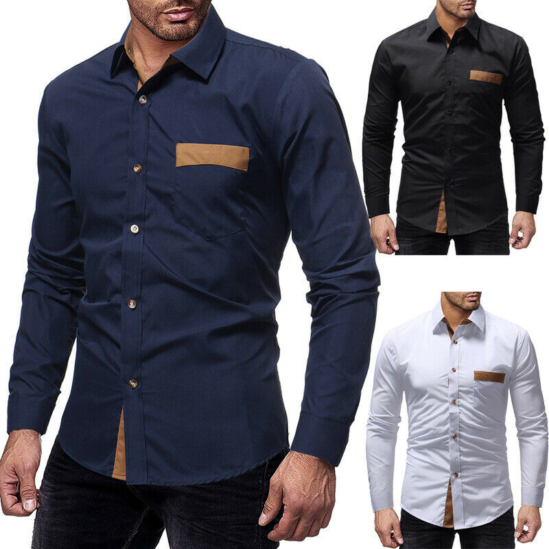 Mens Long Sleeve Slim Fit Pocket Top Formal Dress Shirt Designer Shirts Regular Fit