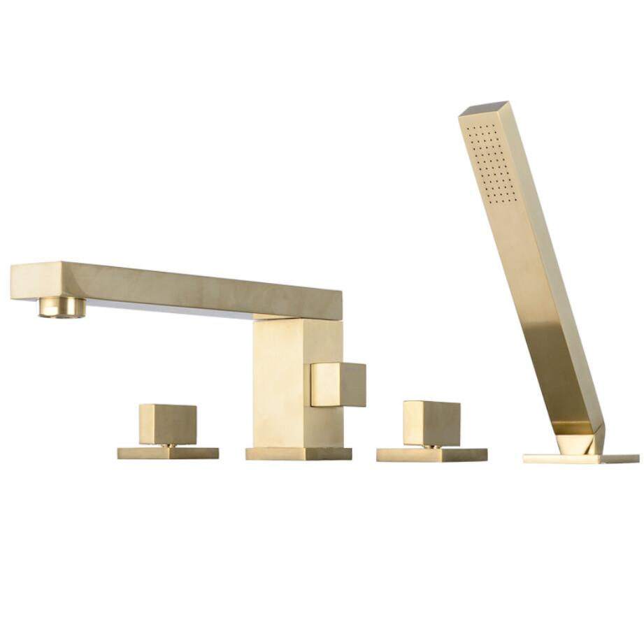 

High Quality 4 Hole Install Shower Faucets Square Deck Mounted Water Spout Bathroom Bath Handheld Shower Set Tap Mixer Bathtub Gold Faucet
