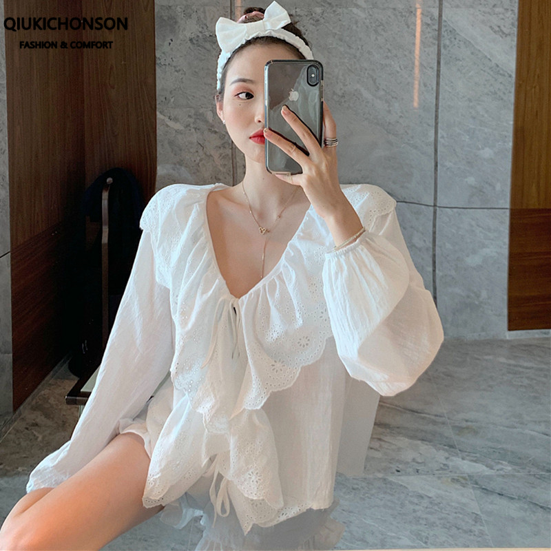 

Vintage Style Princess Lantern Sleeve V-Neck Ruffle Spring Summer Pajamas Women Set 2 Piece Soft Girl Pijamas Set Cotton, White set