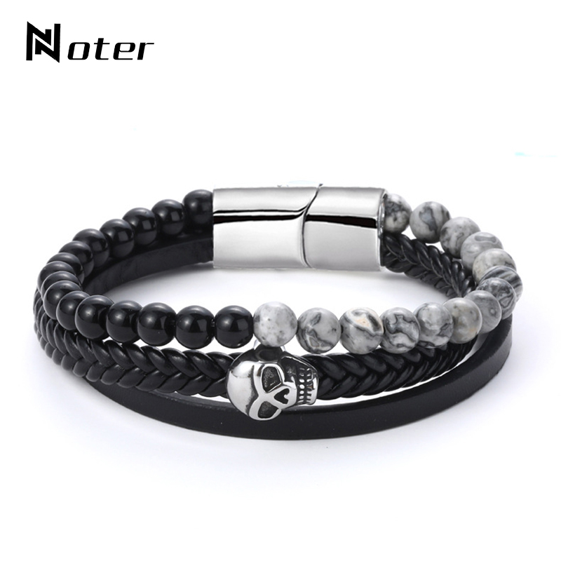

Noter New Fashion Mens Leather Bracelet 3 Layer Gothic Skull Braslet Male Punk Brazalete Camping Jewelry Present For Men Pulsera