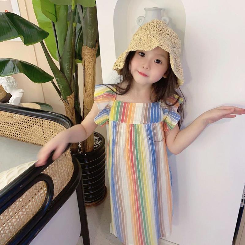 

May 12th 2020 girls dresses summer 60% linen 40% cotton rainbow candy color striped fashion girl dress summer kids clothing, Red;yellow