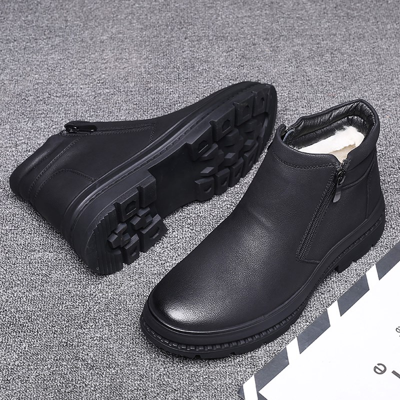 

England style mens leisure warm fur winter boots genuine leather snow shoes wool ankle boot sapatos hombre botas masculinas male, Black