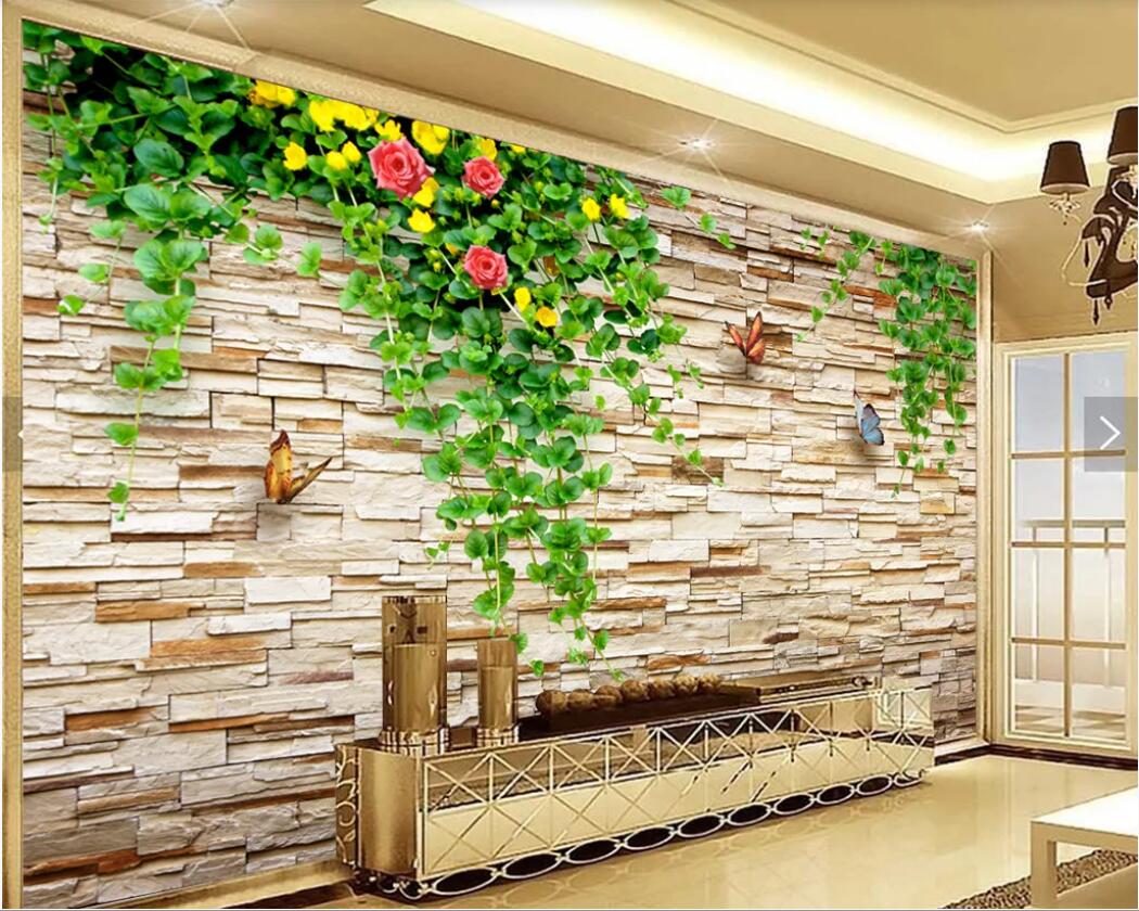 

3d room wallpaper custom photo mural Green rattan butterfly stone wall 3D TV background home decor wall art pictures wallpaper for walls 3 d, Non-woven fabric