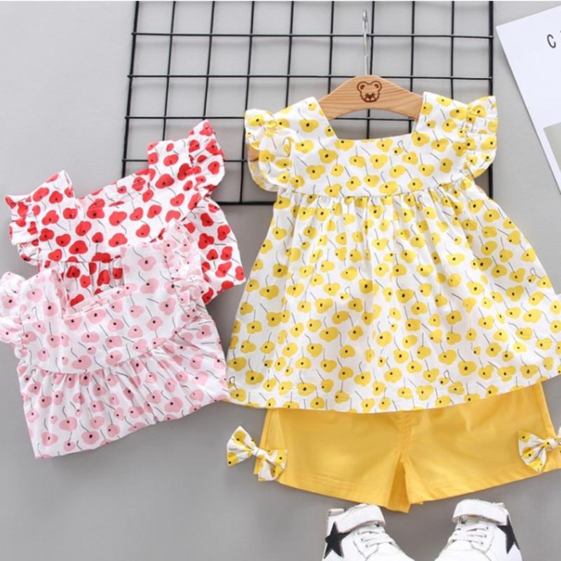 

New Newborn Baby Girls Clothes Sleeveless T-shirt+Briefs 2PCS Outfits Set Printed Girl Fashion Cute Summer Clothing Sets, Red bowknot flower