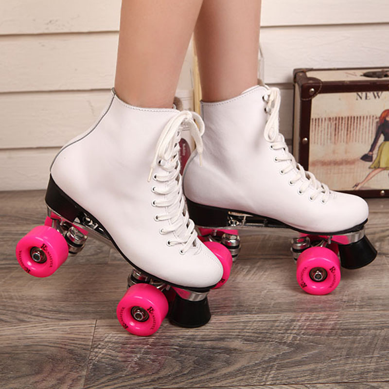 

Double Roller Skates Genuine Leather Matel Base Pink 4 Wheels Two Side Roller Skate Patins Lady Adulto Adult Skate Shoes