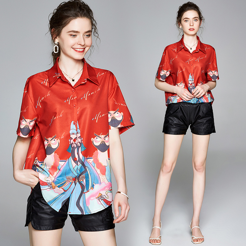 new summer runway red luxury print plus size lapel shirts women fashion ladies loose casual button short sleeve designer blouses tops