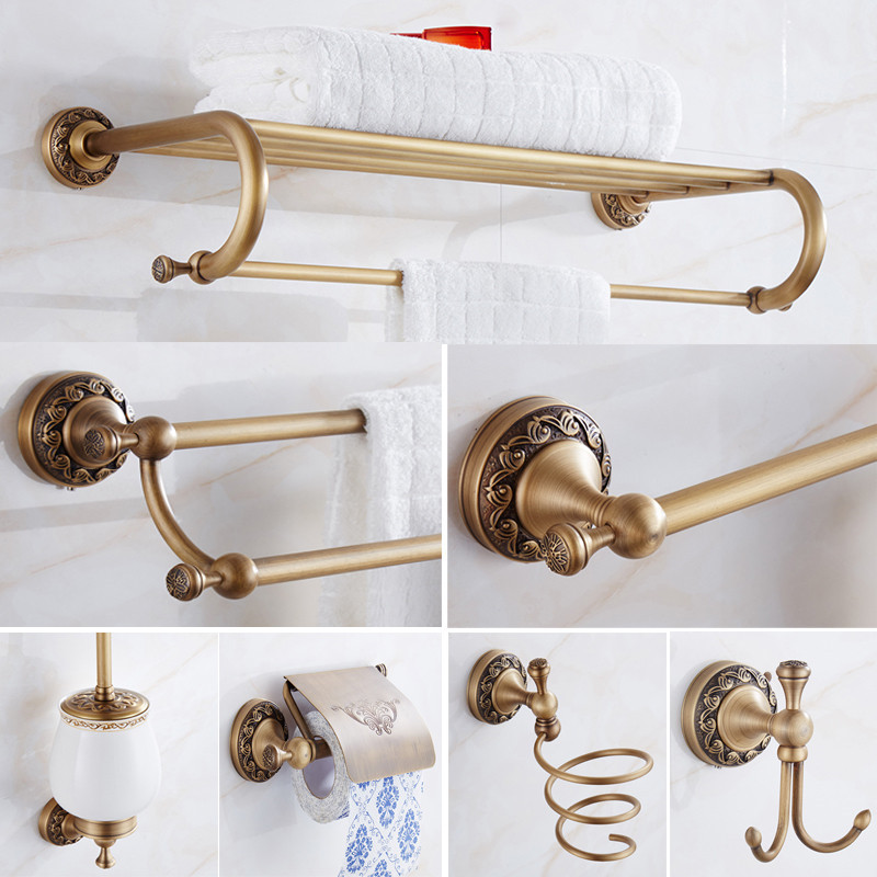 

Bathroom Accessories Set Brass Antique Bronze Carved Towel Rack Robe Hook Paper holder Toilet Brush Holder Bath Hardware Set