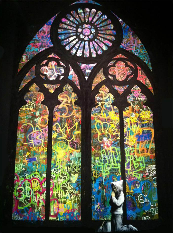 

BANKSY STREET ART Hooded guy Pray Cathedral Home Decor Handpainted &HD Print Oil Painting On Canvas Wall Art Canvas Pictures 200119