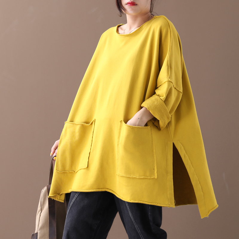 

Women Hoodies Autumn Winter Large size Loose Retro Pullovers 2020 Female Tops O-Neck Long-sleeved pocket Split the fork Hoodies, Black