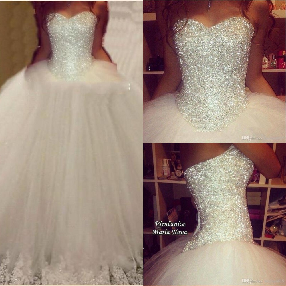 

New Vintage Vestidos Bling Ball GownWedding Dresses Crystal Major Beading Lace Appliques Long Wedding Dress Sweep Train Formal Bridal Gowns, White
