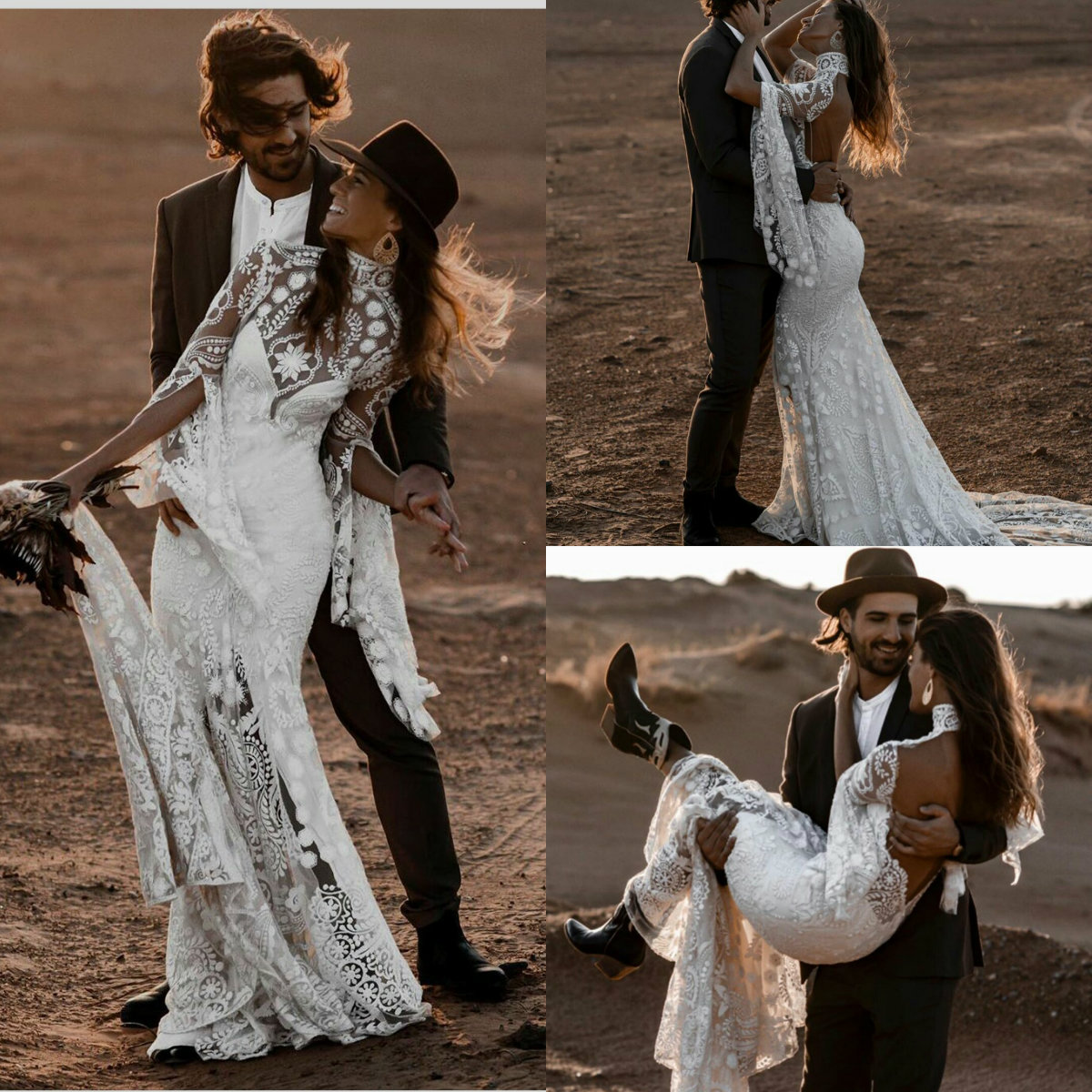 

2021 Mermaid Wedding Dresses High Collar Long Sleeves Lace Appliques Bridal Gowns Custom Made Backless Sweep Train Beach Robe De Soiree, Red