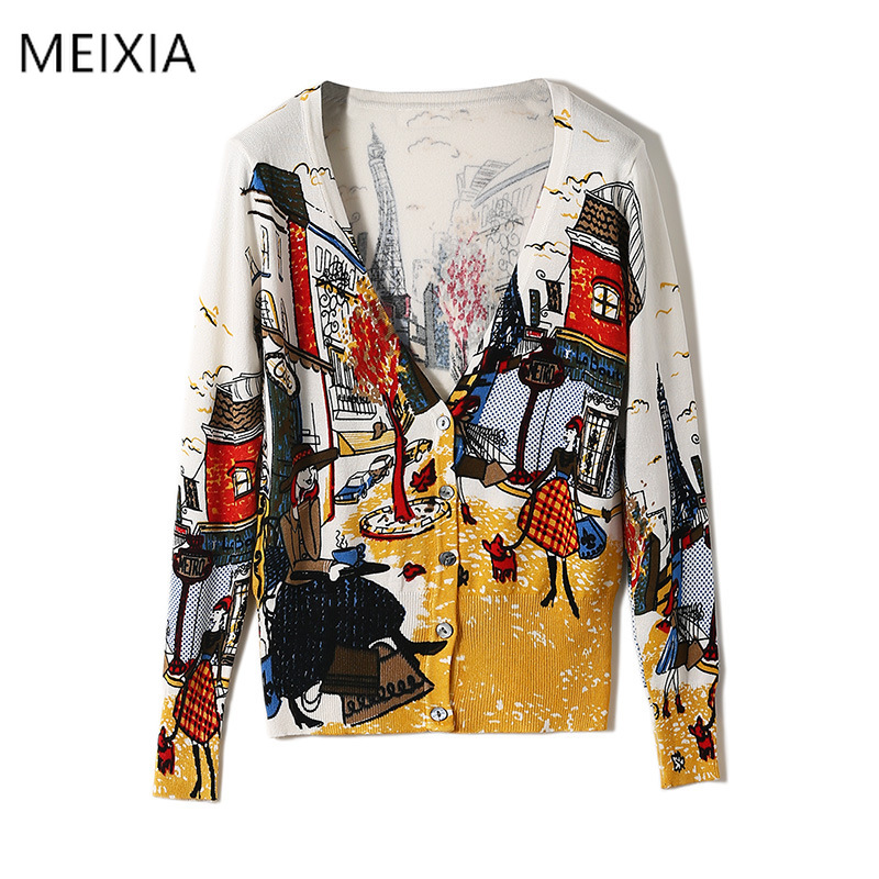 

MEIXIA Womens Cartoon Graffiti Cardigan Autumn Spring Knit Button V-neck Long Sleeve Japan harajuku Woman Sweaters Female Tops, White