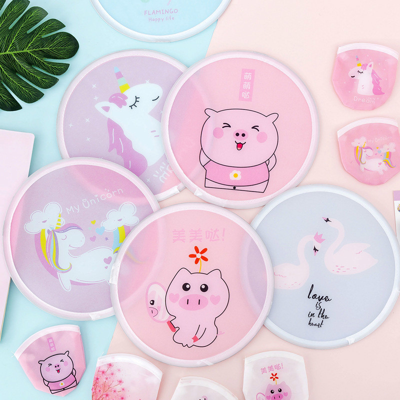 

Portable Handless Folding Fans Mini Round Fan in Summer Korean Style Cartoon Hand-held Small Circular Fan Silk Fabric Student Kids Gift
