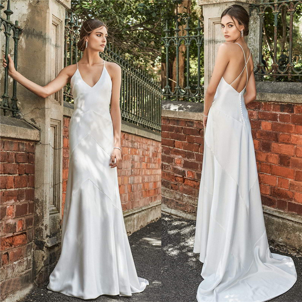 

Elbeth Gillis 2021 Wedding Dresses Spaghetti Straps Lace Satin Bridal Gowns Custom Made Backless Sweep Train Mermaid Robe De Soiree, Gold