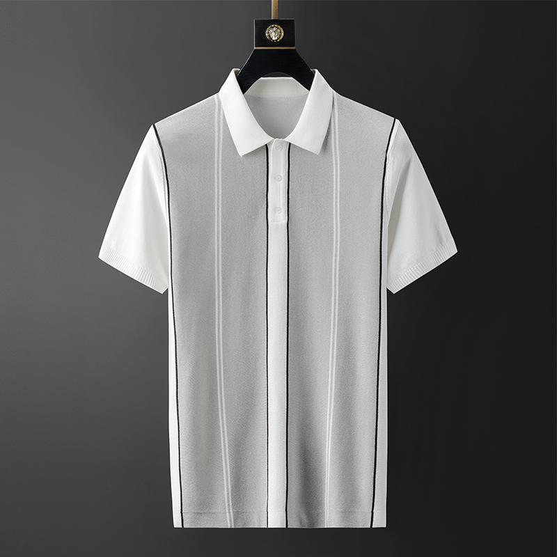 

Minglu Summer Kintted Mens T-shirts Luxury Contrast Color Stripe Short Sleeve Casual Male T-shirts Fashion Slim Fit Man, Grey